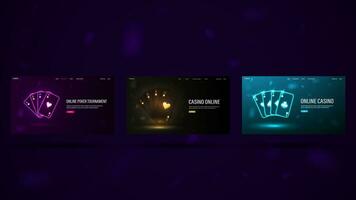 A set of web banners on the casino theme. Neon and Black and Gold poker cards. vector