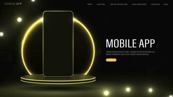 Banner for mobile app and online store. Smartphone on the podium with a bright neon golden arch. vector