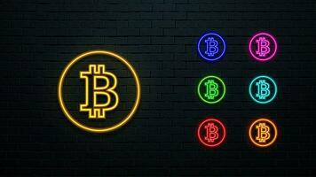 A set of multicolored icons of the Bitcoin cryptocurrency. Neon glowing BTC symbols in seven colors. vector