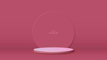 An empty pink and white podium with a glass circle in the room. vector