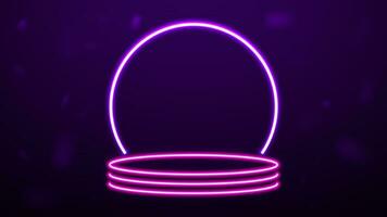 An empty neon podium on a purple background. Bright 3D platform. vector