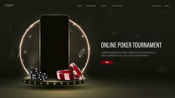 A black smartphone on a 3d podium with dice and poker chips with a bright gold neon frame. A web banner with a casino concept. vector