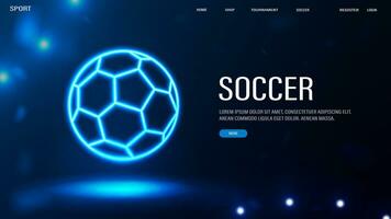 A web banner with a neon soccer ball on a blue background. vector