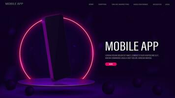 A web banner with a smartphone on a bright pink glossy podium with a neon frame. A concept for a website with text. vector