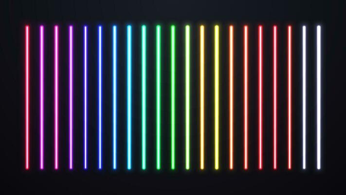 A set of neon lamps of different colors. Bright glossy shiny lasers on a dark background.