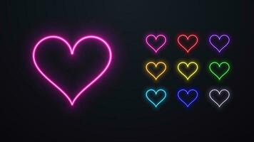 A set of neon heart in different colors. vector