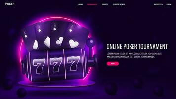 A web banner with cards and a casino slot machine on a bright podium with a neon frame. A concept for playing poker with text for a website. vector