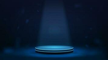 Round floating podium on a dark blue background with lighting. vector