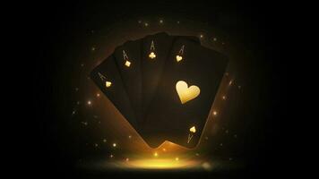 Black and gold poker cards on a shiny background. A composition of four aces of different suits. vector