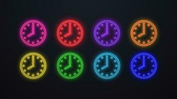 A set of neon clocks with a dial and hands in different colors green, blue, orange, yellow, green, red on a dark background. vector