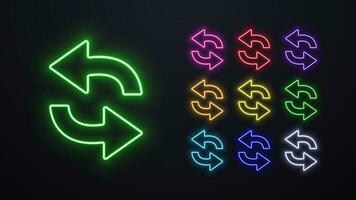 Neon arrows in the opposite direction of different colors. A set of bright pointers back. vector