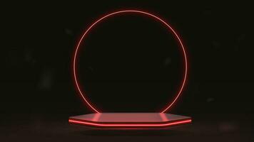 Neon red empty podium with a bright round arch. Glossy floating platform. vector