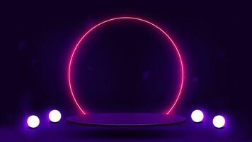 An empty podium with a bright pink neon round frame. A platform with bright white glowing balls on a purple background. vector