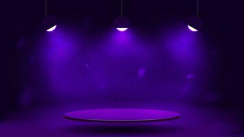 An empty 3D podium with glowing lamps. Floating platform on a purple background. vector