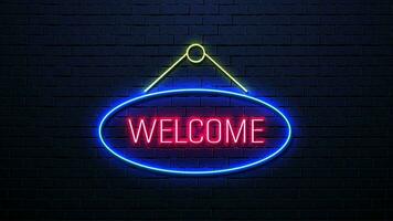 Neon bright welcome sign on the background of a dark brick wall. vector