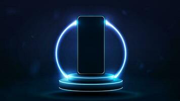 A smartphone on a neon podium with a bright circle in the background. vector