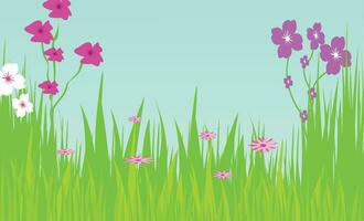 Vector landscape spring background with flowers.