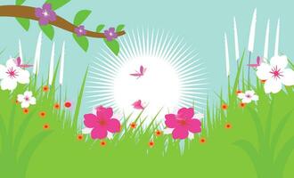 Vector landscape spring background with flowers.