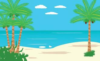 It's summer time banner, beach with coconut tree, grass and lifebuoy on a sunny summer background. vector