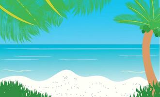 It's summer time banner, beach with coconut tree, grass and lifebuoy on a sunny summer background. vector