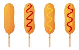 Set of Corn dogs. Sausage in dough on a stick with and without condiments. Fastfood concept. American or Korean street food. Detailed flat illustration. Isolated on a white background. vector