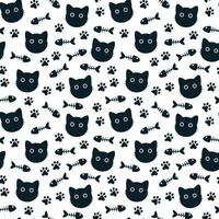 Black cat pattern and set of footprints and fish bones, perfect for Design wallpaper, wrapping paper, backdrop, fabric. vector