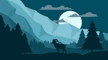 Wildlife landscape vector illustration. Wildlife landscape of mountainside with goat. Wildlife landscape panorama for background, wallpaper, display or landing page. Pine forest and cliff at night