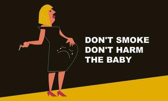 A pregnant woman smokes a cigarette. No smoking. Vector flat illustration, minimalism. Aesthetics of the 60s, 70s, retro, vintage.