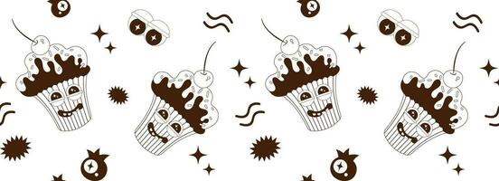 Seamless pattern of psychedelic cartoon stickers. Modern art sweets, cake, ice cream, muffin, pancake, donut. Funny faces with distorted eyes. Monochrome palette. Line art. vector