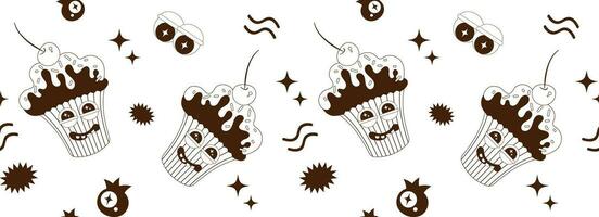 Seamless pattern of psychedelic cartoon stickers. Modern art sweets, cake, ice cream, muffin, pancake, donut. Funny faces with distorted eyes. Monochrome palette. Line art. vector