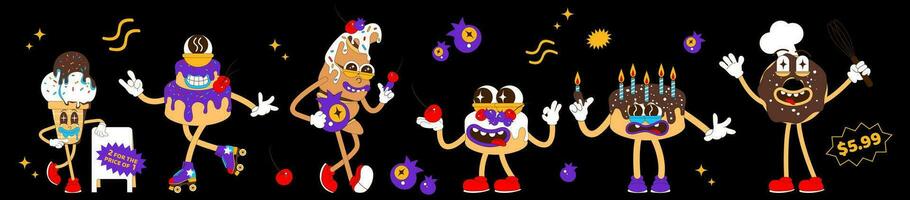 Set of sweets characters in psychedelic style. Vector illustration of mascots in retro linear style. Donut, kuassan, coffee and other sweets.