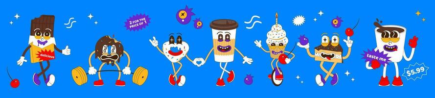 Set of sweets characters in psychedelic style. Vector illustration of mascots in retro linear style. Donut, kuassan, coffee and other sweets.