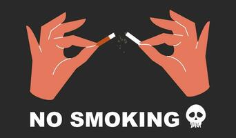 A man's hand broke a cigarette. The hand refused the cigarette. No smoking. Vector illustration, flat, minimalism.