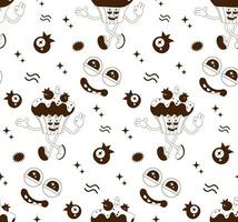 Seamless pattern of psychedelic cartoon stickers. Modern art sweets, cake, ice cream, muffin, pancake, donut. Funny faces with distorted eyes. Monochrome palette. Line art. vector