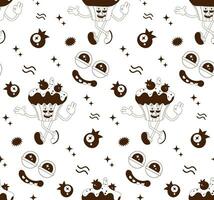 Seamless pattern of psychedelic cartoon stickers. Modern art sweets, cake, ice cream, muffin, pancake, donut. Funny faces with distorted eyes. Monochrome palette. Line art. vector