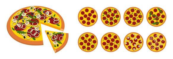 Vector illustration of pizza in the style of minimalism, simple shapes.