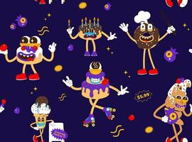 Seamless pattern with cartoon dessert character and groove style elements. Psychedelic Cake, donut, croissant, ice cream. Modern fashion vector illustration.