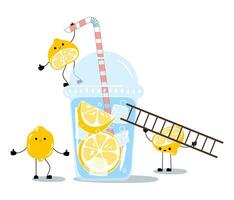 Funny kawaii characters. Vector illustration of lemon, lime and lemonade. Lemon mascot character. Refreshing summer drink.