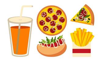 Fast food illustration. Pizza, french fries, hot dog, pizza slice, sweet water glass. Vector illustration in the style of minimalism, simple shapes.