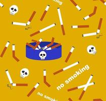 Seamless pattern, ash, cigarette, skull. No smoking. Vector background of broken cigarettes.