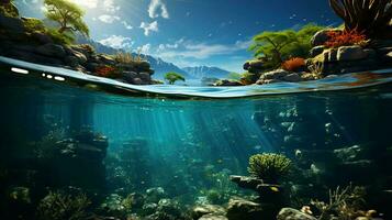 Underwater view of tropical paradise fish and corals. The concept of diving and vacation in nature. AI generated photo