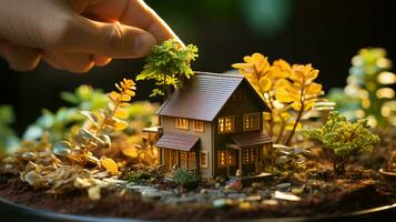 A small model of a toy country house against the backdrop of nature. The concept of real estate outside the city in a mortgage, a loan for housing. AI generated photo