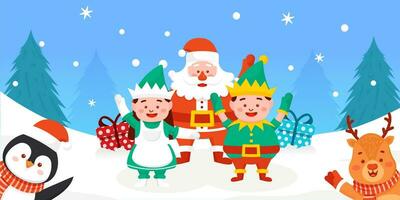 Dwarf girl, santa claus, penguin, reindeer and dwarf boy with merry christmas greetings vector