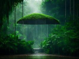 Monsoon rain forest with podium background AI Generative. photo