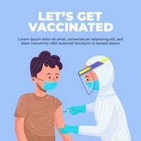 Coronavirus vaccination, medical staff inject patient's arm. medical staff in protective clothing and masks, immunization process against covid-19. Let's get vaccinated. Cute vector illustration