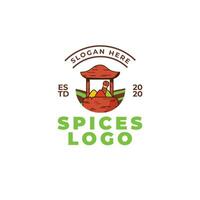 Spice logo design concept. Vector illustration of food. Wooden bowl with green, red and yellow spices.