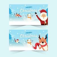 Merry Christmas Banner. Cute Christmas Characters. Merry Christmas from santa and friends in snow background vector