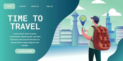 Backpacker traveling for web design, banner or poster with simple design vector