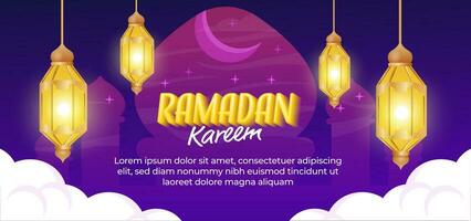 Ramadan kareem banner with lanters and dark background, card for muslim feast of the holy of ramadan month. vector