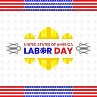 text labor day. yellow helmet, wrench, flag. white abstarck background and strars pattern. simple, flat concept. used for poster, banner, card, flyer, advert vector